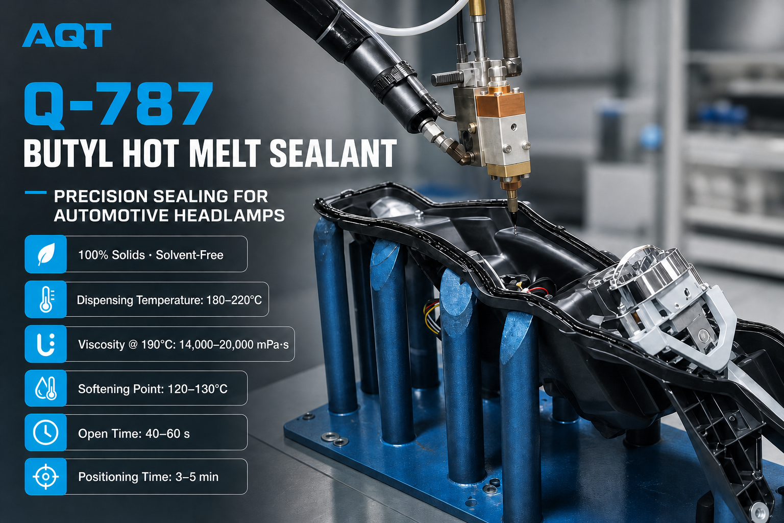 Industrial dispensing machine applying butyl sealant to an automotive headlamp housing
